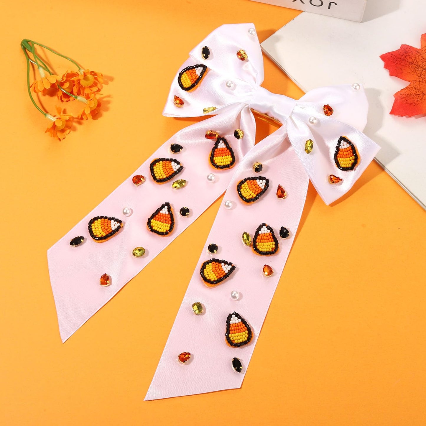 Halloween Bows for Women Cute Candy Corn Hair Bow Clips Crystal Embellished Big Hair Bows Long Tail Satin Hair Ribbons Barrettes Halloween Hair Clips Halloween Costume Accessories Outfits