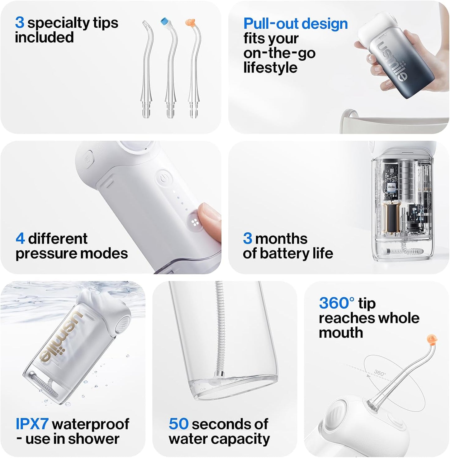 Usmile C10 Portable Water Flosser - Travel-Friendly Design, 95-Day Battery, 4 Modes, 180ml Tank, IPX7 Waterproof (Inkstone Black)
