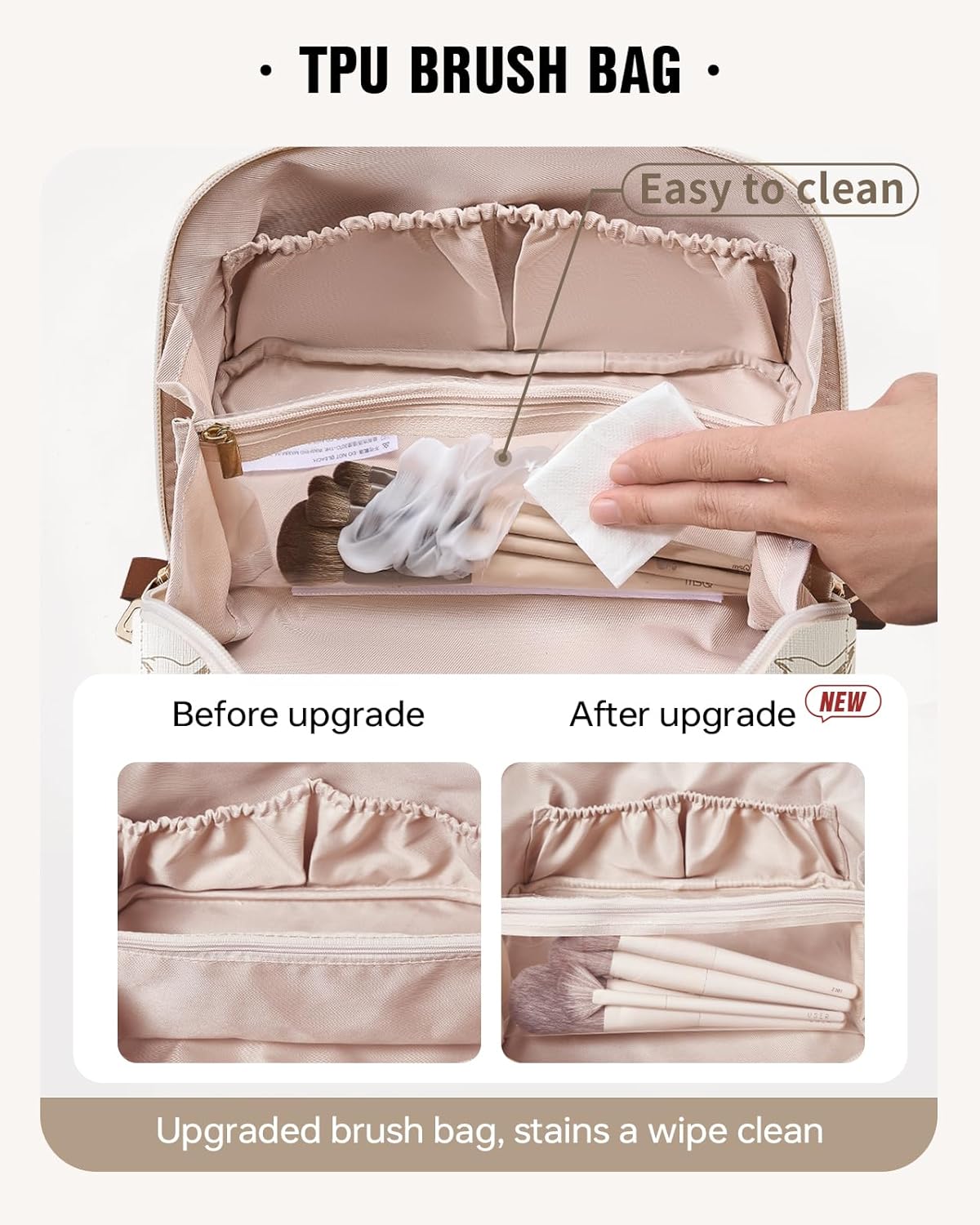 EACHY Travel Makeup Bag - Large Capacity Waterproof Cosmetic Pouch | Open Flat Design (F-Beige)
