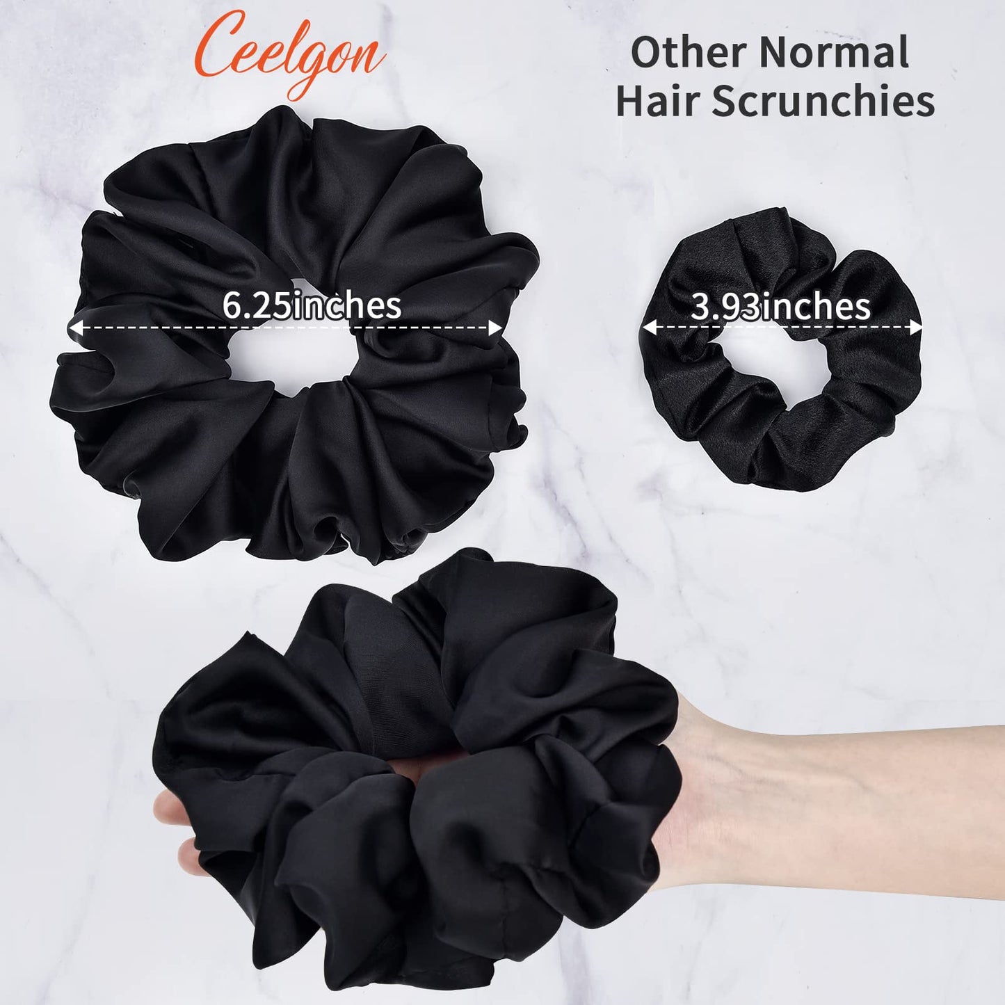 CEELGON Black Big Scrunchies for Women 6.3Inches Large Scrunchie Satin Oversized Silk Thick Elastic Hair Ties Jumbo Hair Scrunchies 6 Pack (Black)