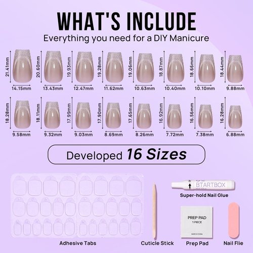 BTArtbox Press On Nails Short - Cat Eye French Tip Press On Nails Coffin, Light Weight & Fit Perfectly Nail Tips, Natural Fake Nail with Glue, Glue On Nails in 16 Sizes - 32 Nail Kit, Milky Way