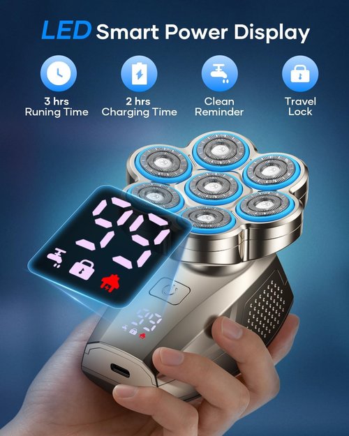7D Head Shaver - 5-in-1 Magnetic Detachable Electric Razor for Bald Men | IPX7 Waterproof, LED Display