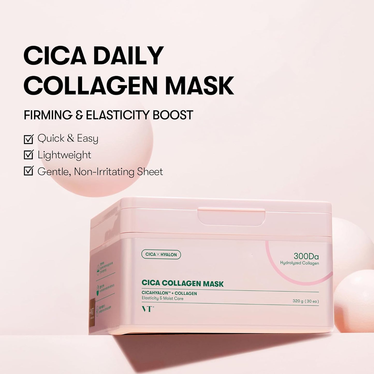 VT COSMETICS CICA Pink Daily Mask - 30 Sheets of Hydrating Collagen Essence for Skin Elasticity