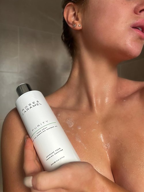 Rose & Caramel Purity Fade Away Self Tan Removing Shower Gel - 250ml | Effective Tan Eraser, Vegan & Cruelty-Free
