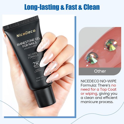 Nicedeco No Wipe Rhinestone Glue for Nails 30ml, 3D Strong Adhesive Nail Charms Nail Gems Nail Art Glue for Crystal Stones Jewels Diamonds, Nail Lamp Required