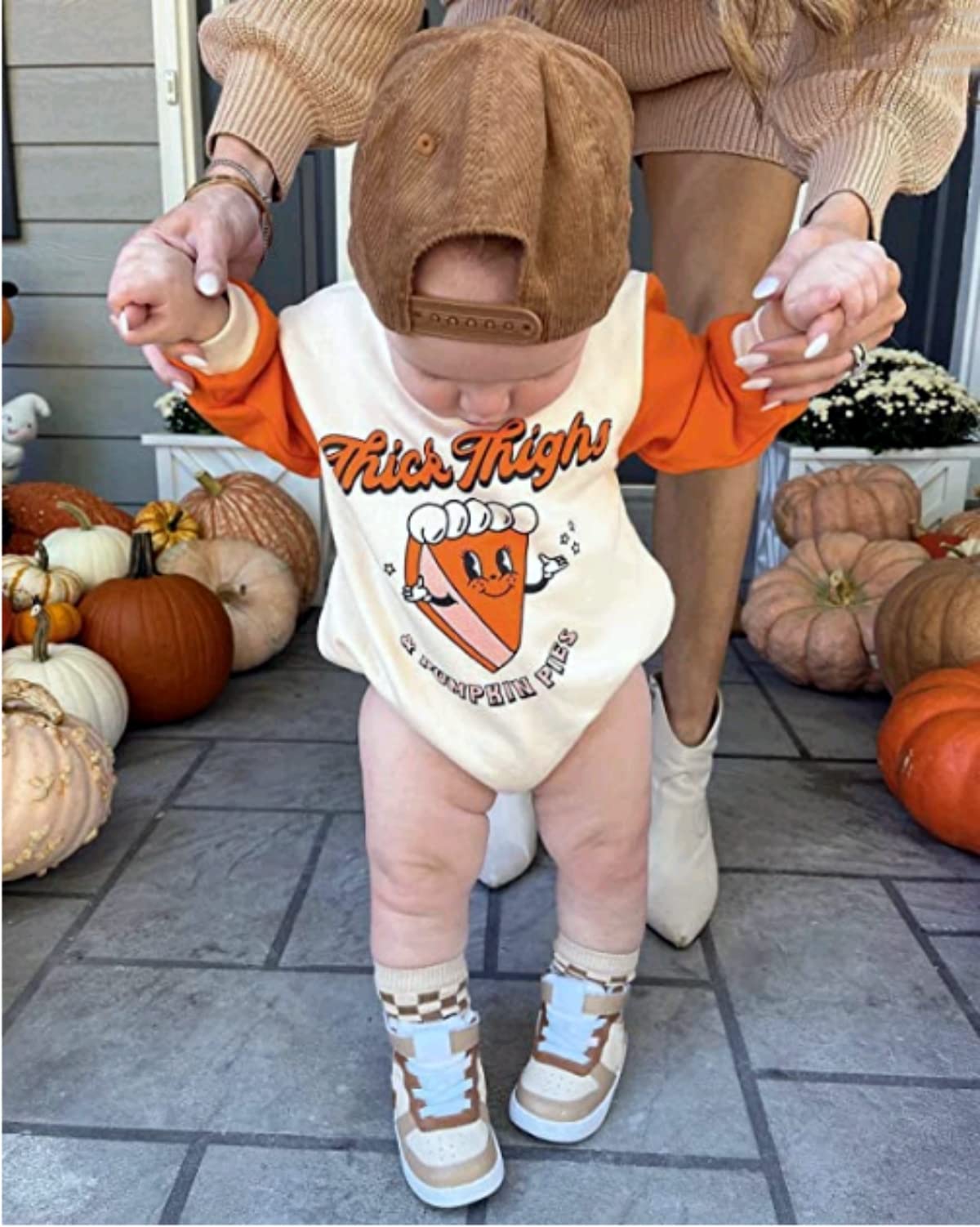 DOSYZTO Baby Boy Girl Thanksgiving Outfit Long Sleeve Pumpkin Pies Sweatshirt Romper Oversized Sweater Fall Clothes (Thick Thighs Romper,12-18 Months)