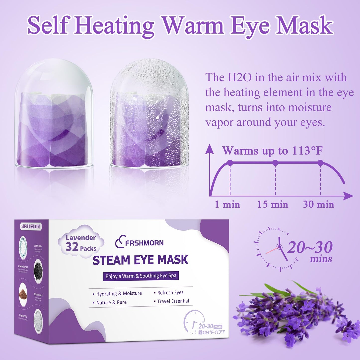 FRSHMORN 32 Packs Steam Eye Mask, Heated Eye Mask for Sleeping, Warm Compress for Eyes, Self Heating Disposal Eye Mask Comfortable Sleep Mask for Home, Office, Spa, Travel Essentials (Lavender)