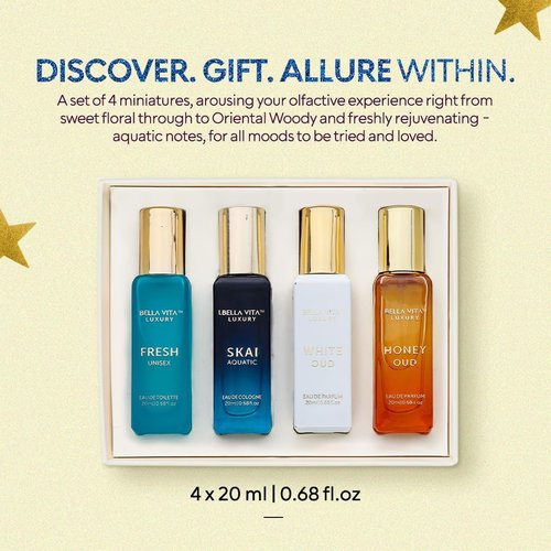 .Bella_Vita_. Luxury Unisex Cologne Gift Set (4x20ml) | Fragrances Includes Honey OUD, SKAI, FRESH & White OUD | Travel Size Mini Perfumes & Spicy Vanilla Perfume Oil | Unisex Perfume for Women & Men