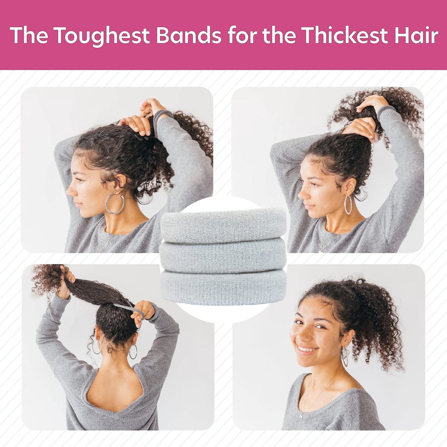 Burlybands Large Hair Ties for Thick, Heavy or Curly Hair - Non-Slip, Non-Damage, Seamless Women's Ponytail Scrunchies - Lt Gray, 8 Pcs