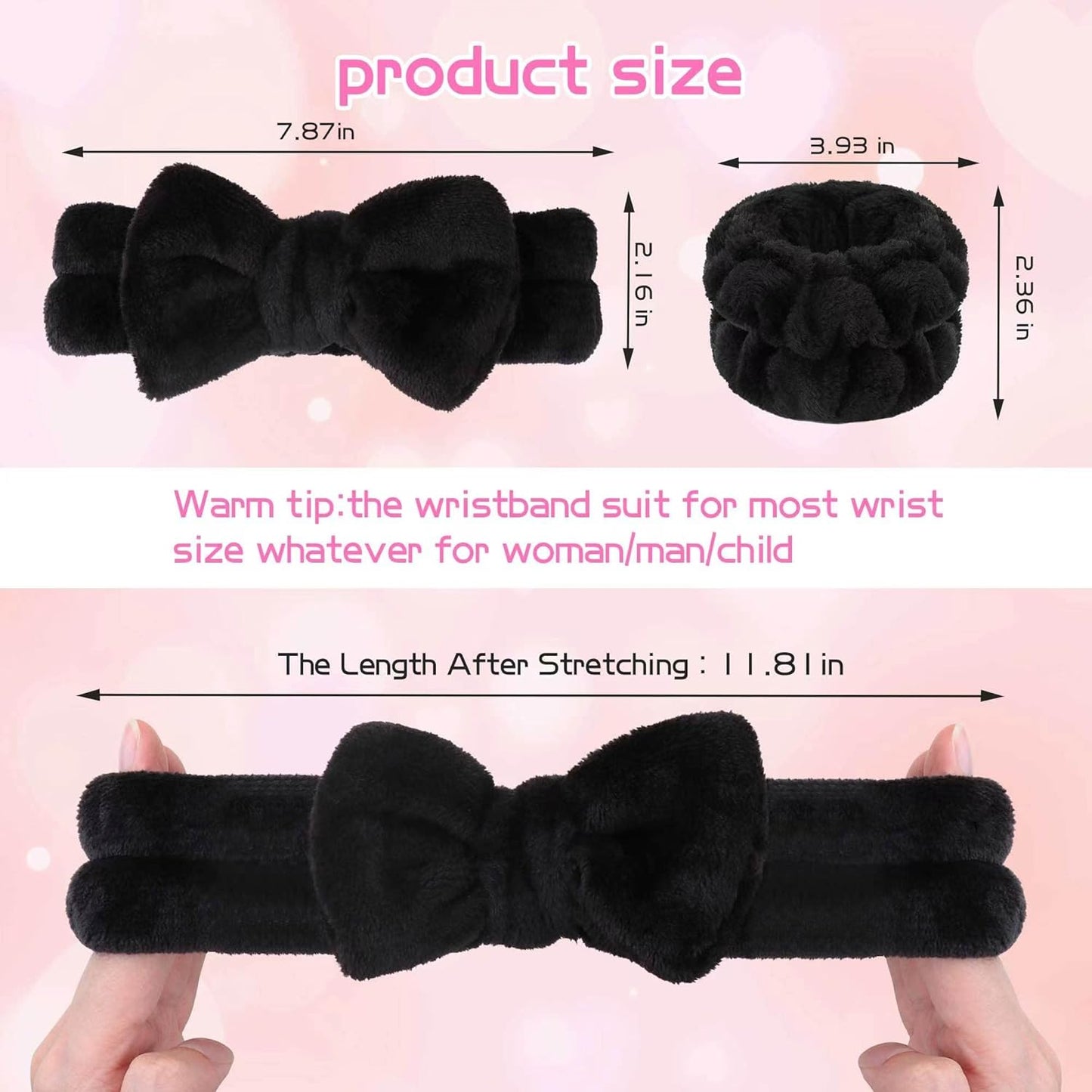 WSYUB Makeup Headband Set - Fluffy Black Spa Headband & 2 Absorbent Wristbands for Skin Care