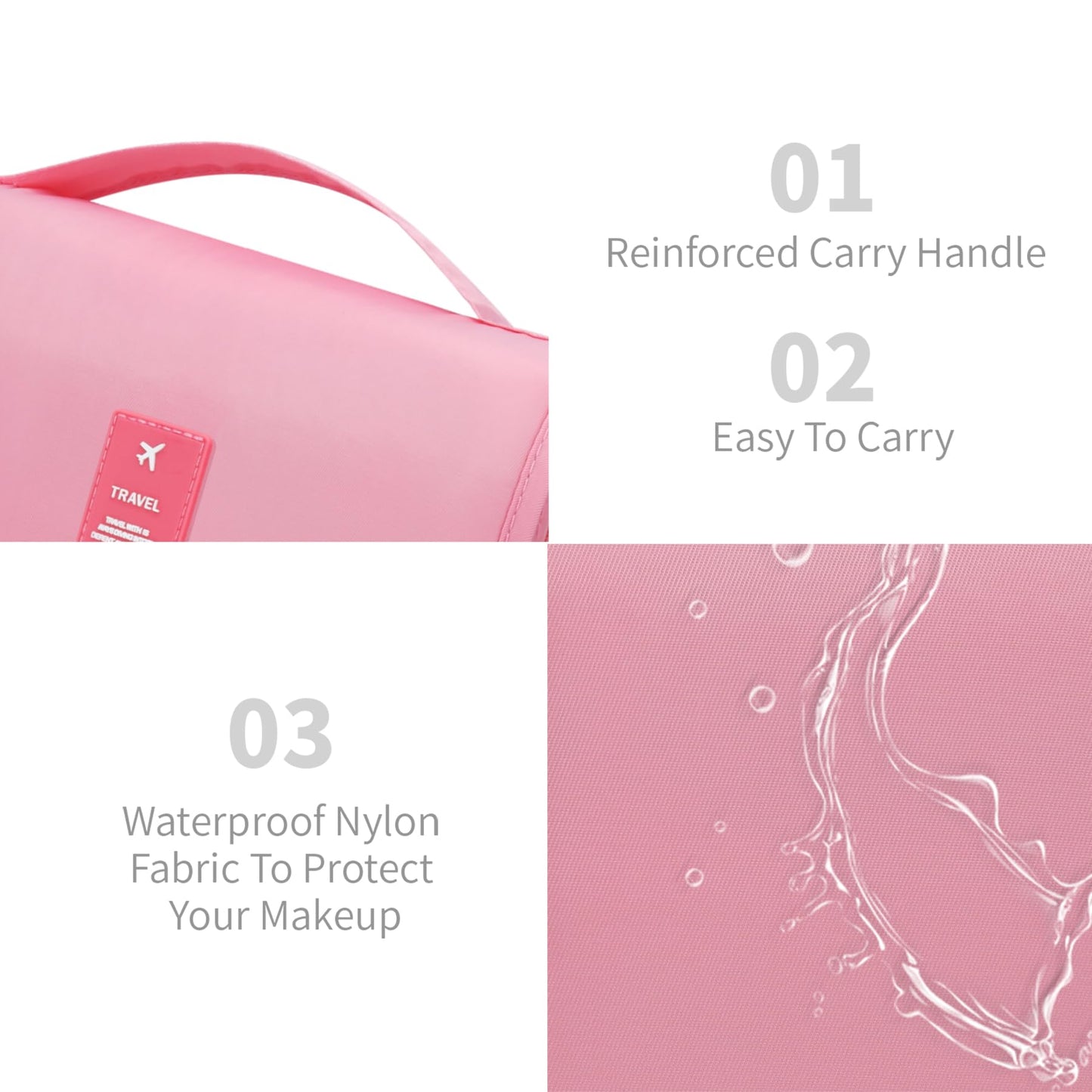 Lcsmaokin Large Capacity Toiletry Bag Travel Bag with Hanging Hook for Men and Women Waterproof Travel Cosmetic Bag Bathroom Storage Bag for Brushes Set, Full-Sized Shampoo,Accessories(Pink)