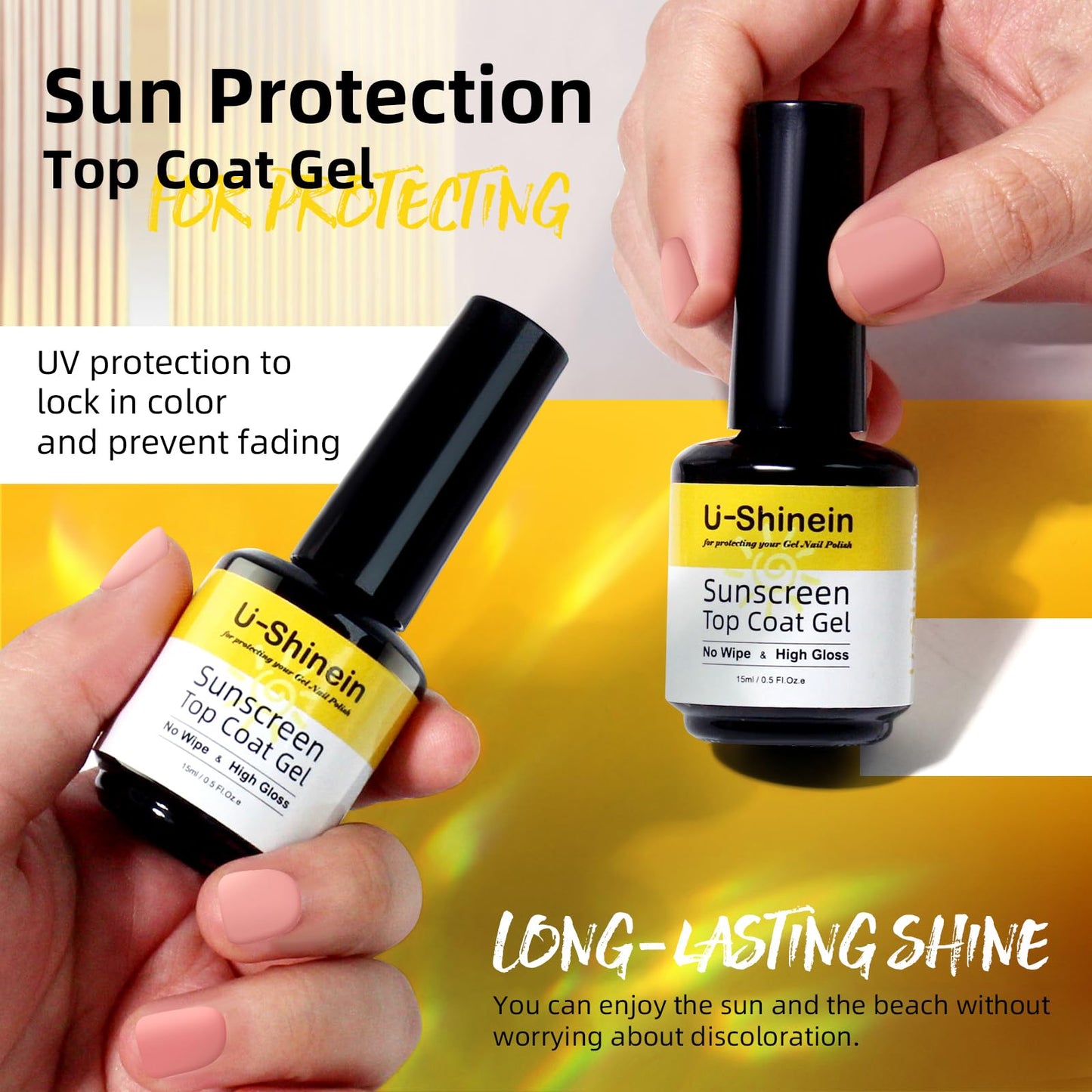 U-Shinein Shine UV Top Coat, 2 in 1 No Wipe Sunscreen Top Coat Gel, Glassy Clear Gel Keeps Nails From Yellowing or Staining, Requires UV Lamp
