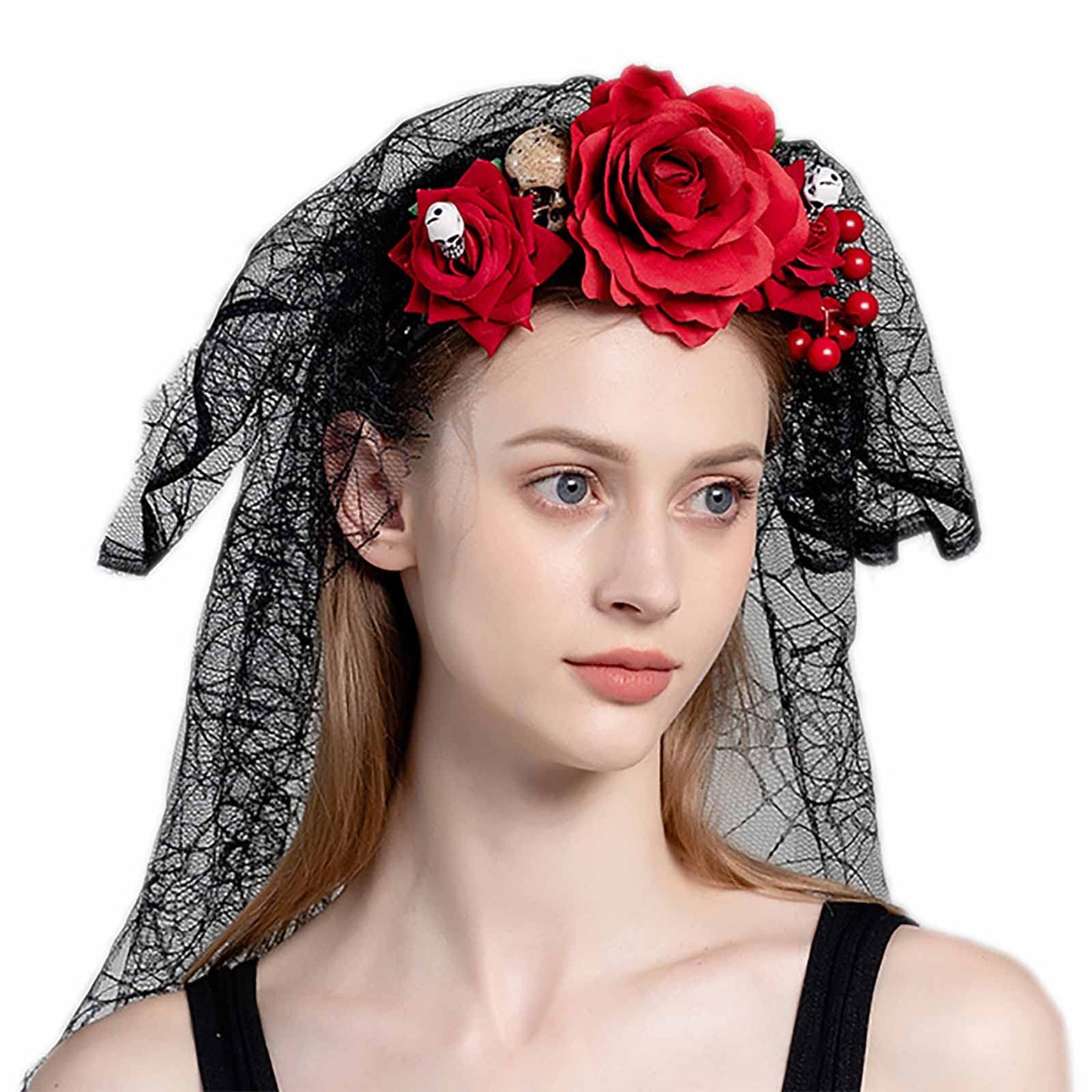 Acenail Floral Headband Veil Women Flower Crown Skull Adjustable Gothic Head Piece Rose Flower Garland Spider Mexican Headband Day of the Dead Head Band Cosplay Halloween Headpieces for Wedding (Red)