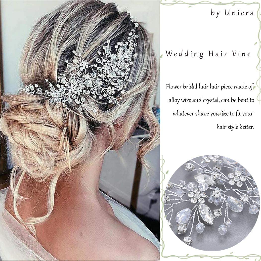 Unicra Bride Flower Wedding Hair Vine Crystal Bridal Hair Piece Rhinestone Party Hair Accessories Leaf Jewelry Bead Headpiece for Women and Girls (Silver)