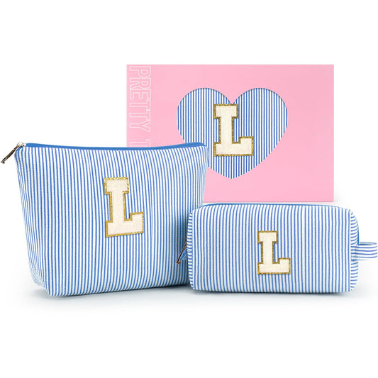 mibasies 2 PCS Initial Makeup Bags for Women: Cosmetic Bag for Travel Toiletry - Birthday Gifts for 11 12 13 14 15 16 17 18 Years Old Girl Gift- Preppy Teen Girl Gifts Trendy Stuff - Blue L