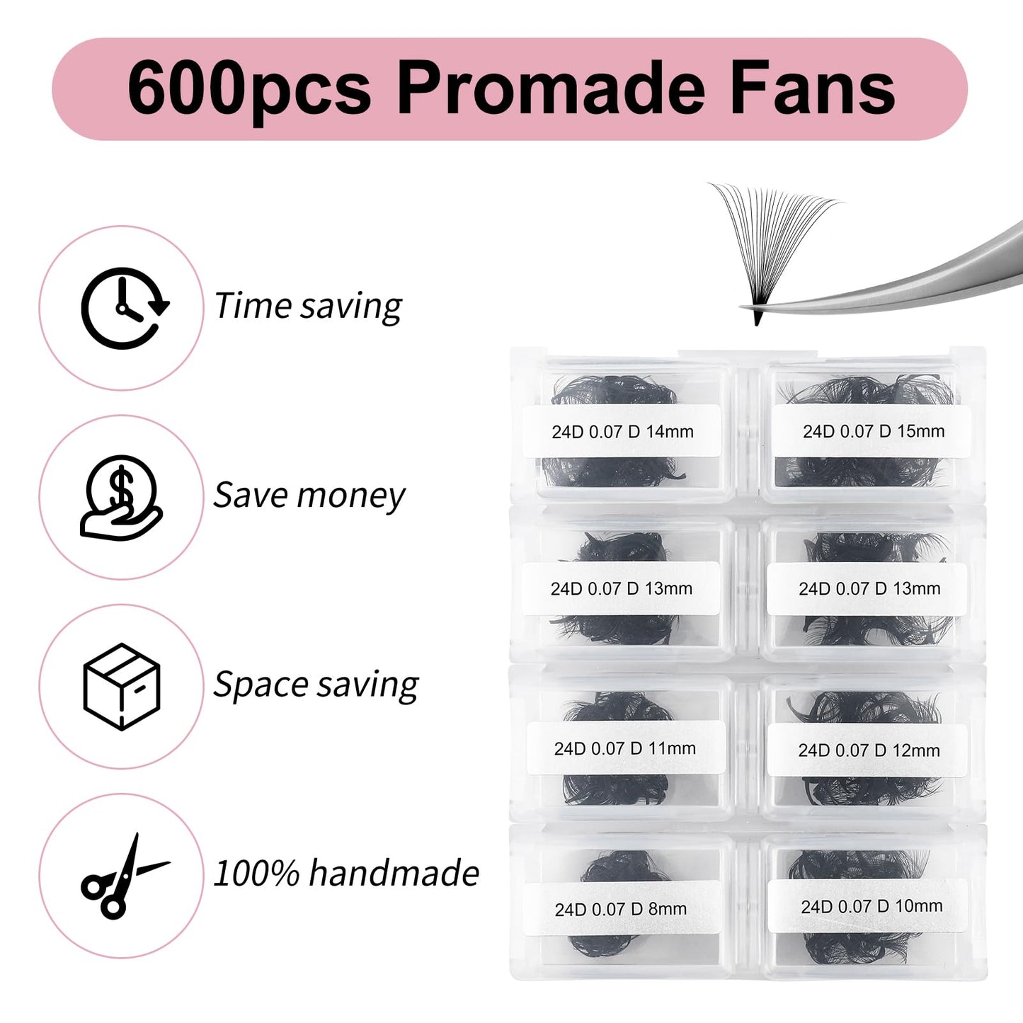 Lash Extension 24D Premade Fans Eyelash Extensions 600pcs Pre Made Fans Lash Extensions Premade Lash Fans Volume Lash Extensions D Curl Eyelash Extension Premade Fans (24D-0.07D-8-15mm)