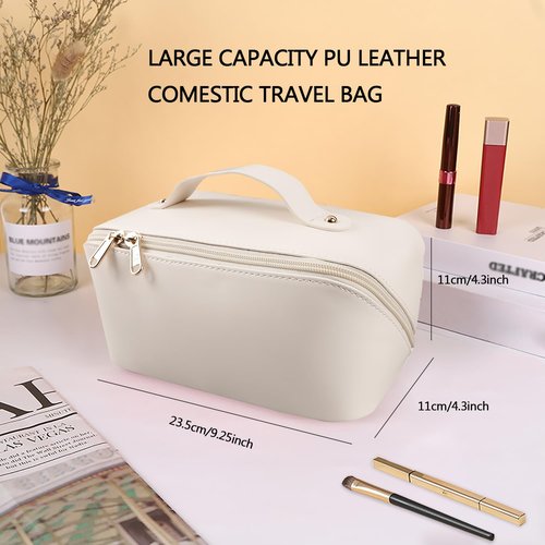 Large Capacity Cosmetic Bag, Travel Cosmetic Storage Bag with Handle, Portable Zipper Cosmetic Bag Toiletry Bag Makeup Bag Large with Compartments for Women Girls (White)