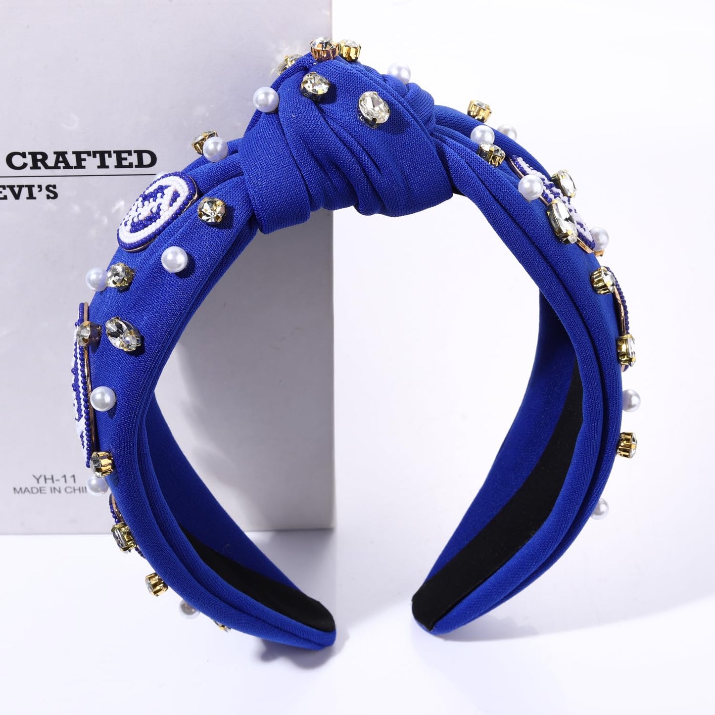 YAHPERN Knotted Headband with Crystals and Pearls for Women - Wide Jeweled Top Knot Headband for Sports, Baseball, and Fan Gifts (Football White&Blue)