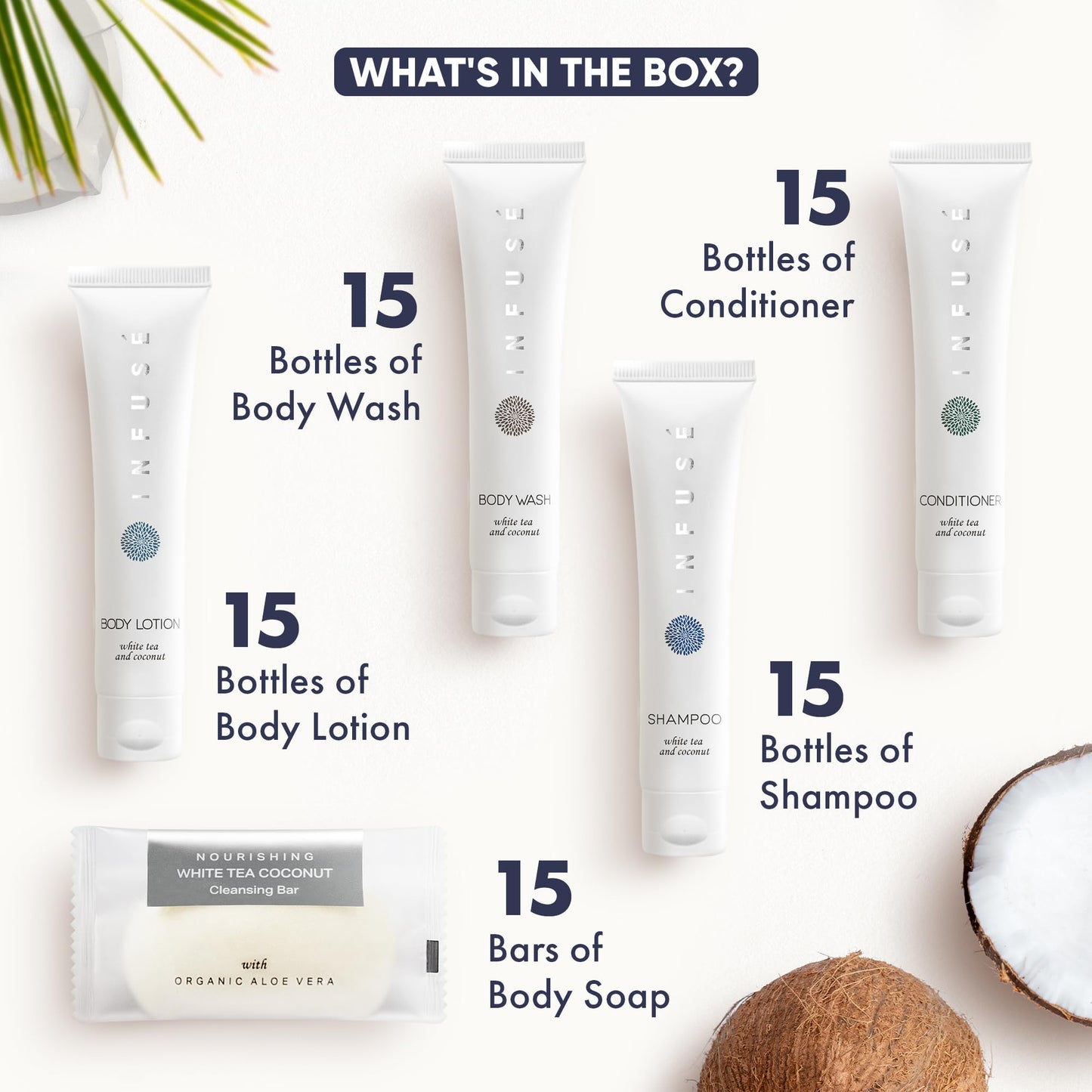 Infuse Pure White Tea and Coconut All-In-Kit Hotel Soaps and Toiletries Bulk Set | 1oz Shampoo & Conditioner, Body Wash, Lotion & 1.25oz Bar Soap | Travel Size 75 Pieces.