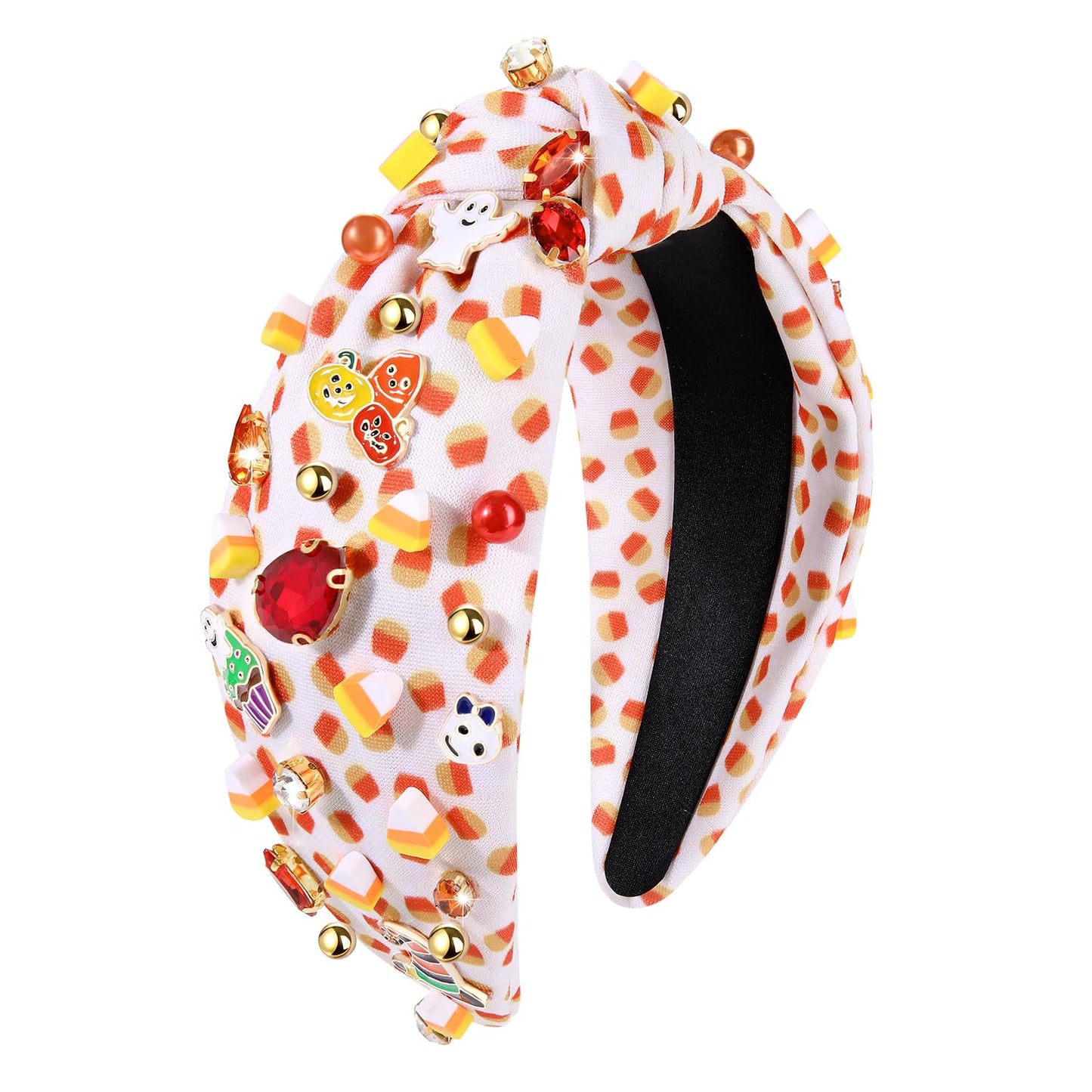 Halloween Headband for Women Pumpkin Ghost Candy Corn Charm Knotted Headband Pearl Crystal Corn Print Top Knot Hairband