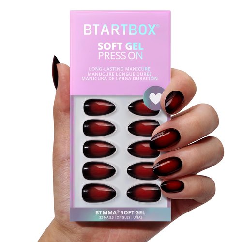 BTArtbox Press On Nails Short - Vampire Kiss, Red and Black Almond Halloween Press on Nails with Nail Glue, Soft Gel Glue On Nails in 16 Sizes - 32 Stick On Nails Kit