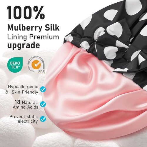 LitBear Luxury Silk Lined Shower Cap - Waterproof, Adjustable, Double Layered for Long & Short Hair - Black Dots