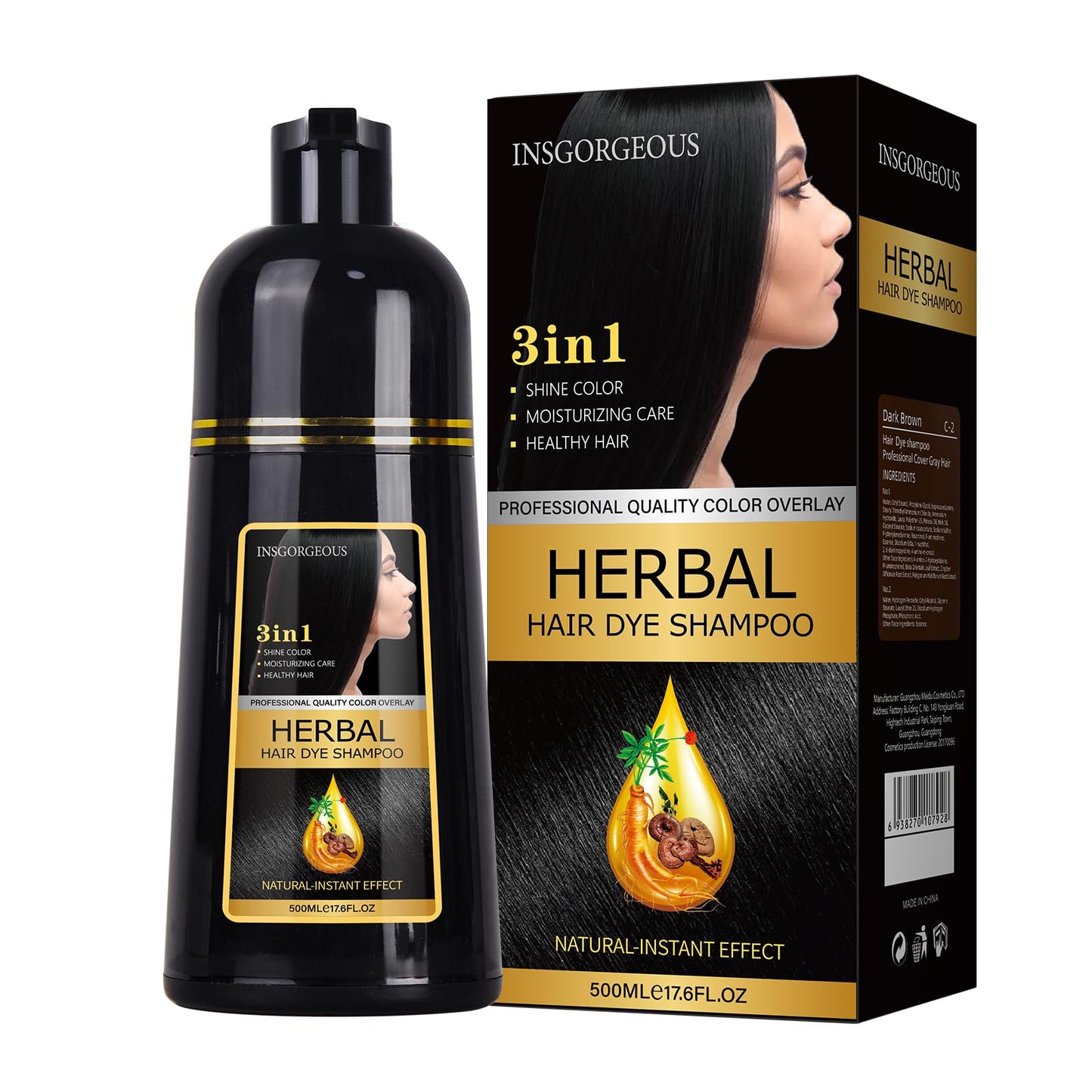 INSGORGEOUS Hair Dye Shampoo Instant Gary Hair Color Shampoo Hair Dye Shampoo for Women & Men 3 in 1-100% Grey Coverage Herbal Ingredients Hair Coloring Shampoo in Minutes 500ML (Brown hair)