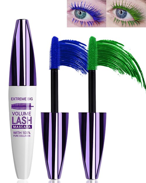 5D Blue Green Colored Mascara for Eyelashes-2 Colors Longlasting Waterproof Mascara Volume and Length,Curling Fiber rimel de pestañas,Women's Day Eye Makeup Gift for Women Girl Cosplay Party Stage Use