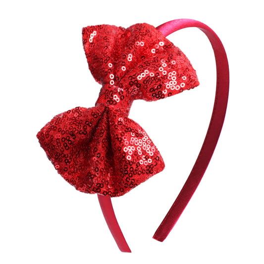 Kiszu Sparkly Sequin Hair Bow Headbands Fashion Glitter Cute Boutique Ribbon Bows for Girls, Kids, and Women (Red)