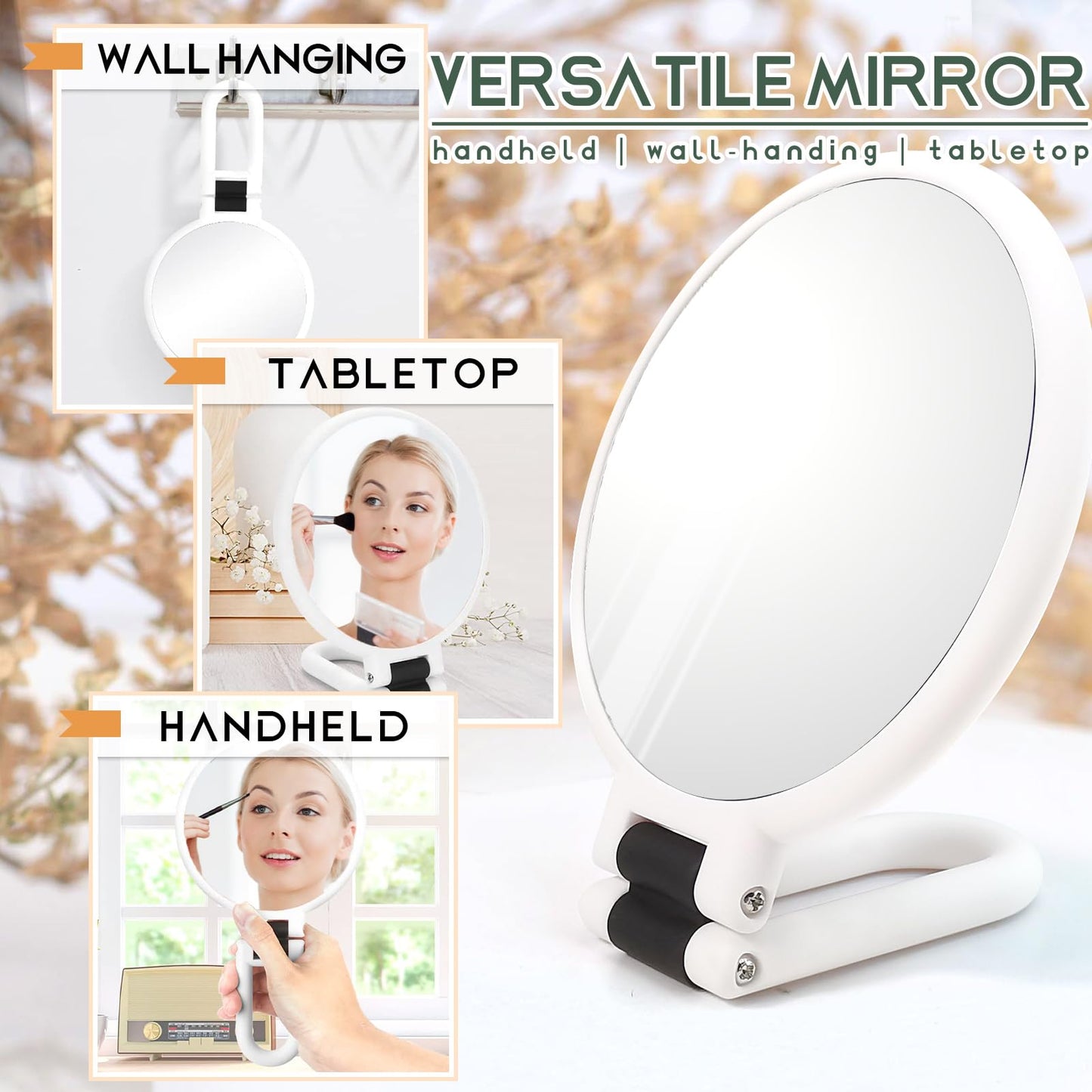 Novadex 1x 5X Magnifying Mirror, Handheld Hand Mirror with Handle, Travel Hand Held Vanity Mirror, Compact Double Sided Portable Magnification Small Make Up Mirrors for Precision Makeup (White)