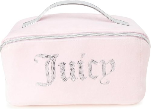 Juicy Couture Pink Makeup Bag - Velour Cosmetics Organizer with Rhinestone Handle for Travel Essentials