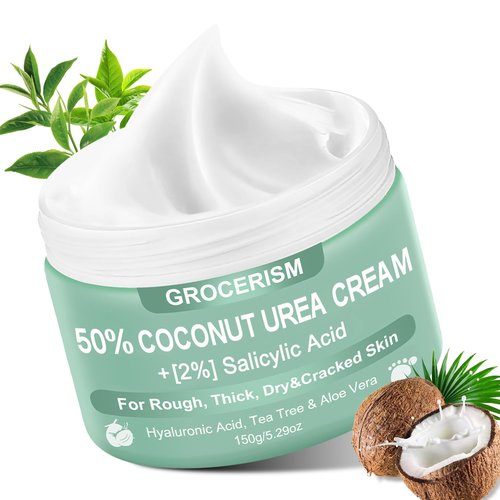 Urea Cream 50 Percent for Feet with Coconut 5.29 oz || Foot & Hand Cream Maximum Strength with 2% Salicylic Acid, Tea Tree and Aloe Vera for Deep Moisturizing and Callus Removing (Upgraded Formula)