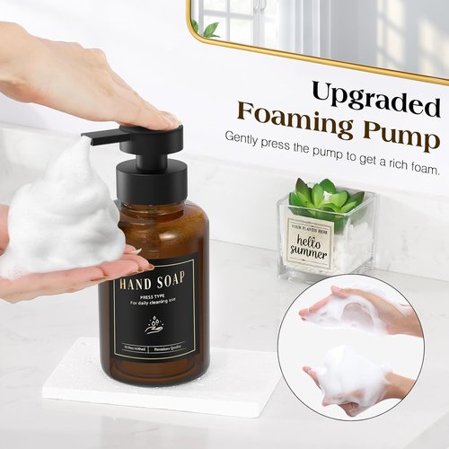 Luxspire Foaming Soap Dispenser - 15 Oz Glass Pump Bottle with 5 Waterproof Labels | Amber, 2 Pack for Kitchen & Bathroom