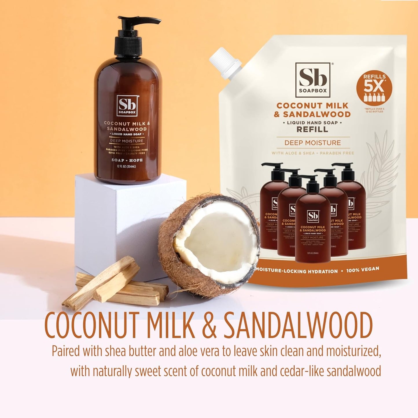 Soapbox Liquid Hand Soap Refill - Coconut Milk & Sandalwood | Vegan, Paraben-Free, 64oz Moisturizing Hand Wash