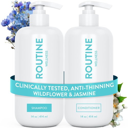Routine Wellness Anti-Thinning Shampoo and Conditioner Set for Thinning Hair - Biotin DHT Blocker Women & Men - Color Safe Shampoo for Hair Loss & Healthier Hair - Wildflower & Jasmine (Pack of 2)