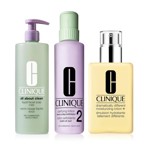Clinique 3-Step Face Care Set - Liquid Soap, Exfoliating Lotion & Moisturizer for Dry Skin | Jumbo Size
