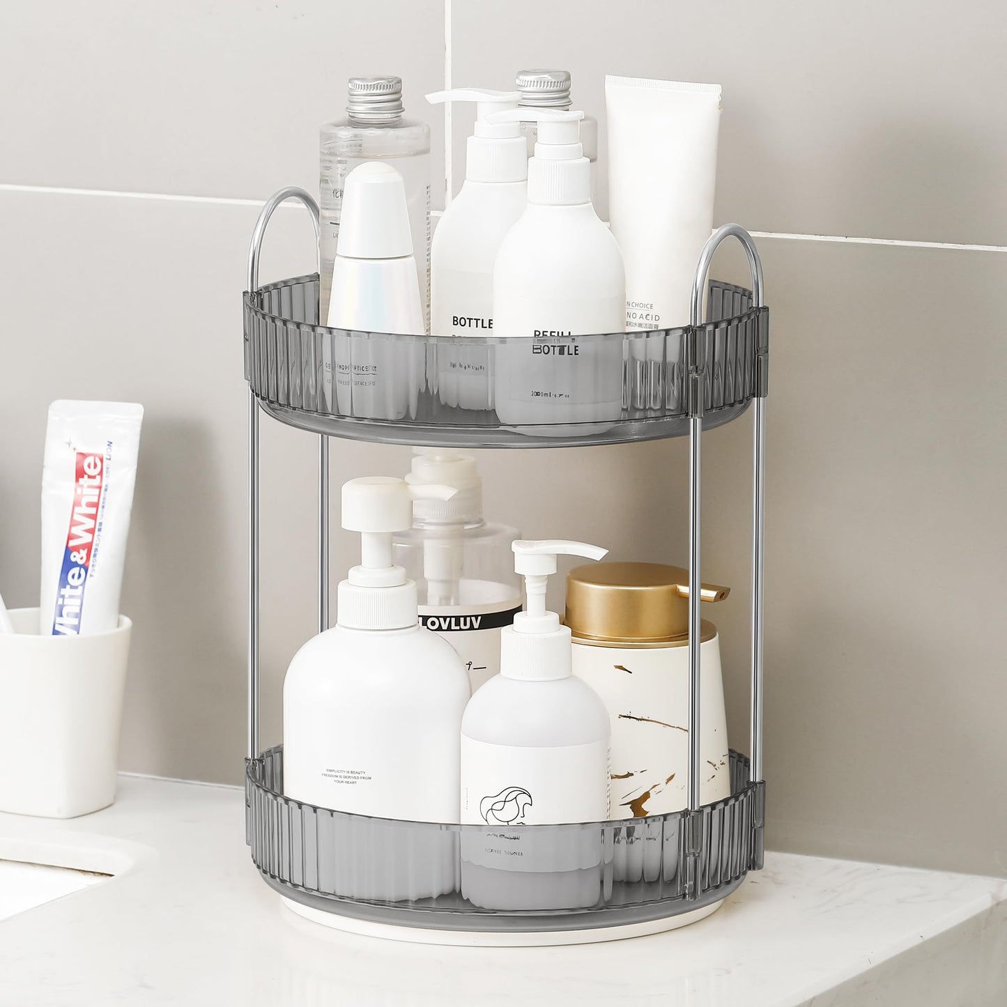 YCIA&DONE 360 Rotating Makeup Organizer and Storage for Vanity Countertop 2 Tiers, High Capacity Cosmetic Skincare Perfume Organizers for Dresser Bathroom Lazy Susan (Smoky Gray)