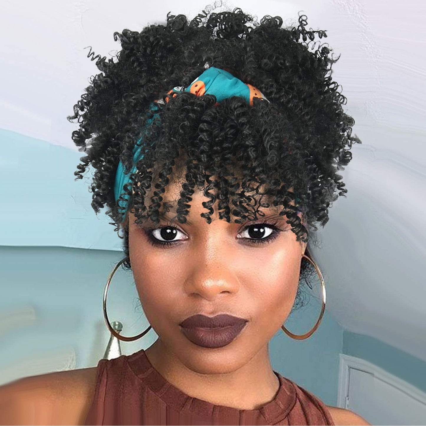 LEOSA Black Afro Curly Headband Wig with Bangs Short Afro Headband Wigs for Black Women Scarf Wigs Black Wig with Headband Attached Headwrap Wigs Natural Wig Headbands for Kinky Curly Hair Wigs