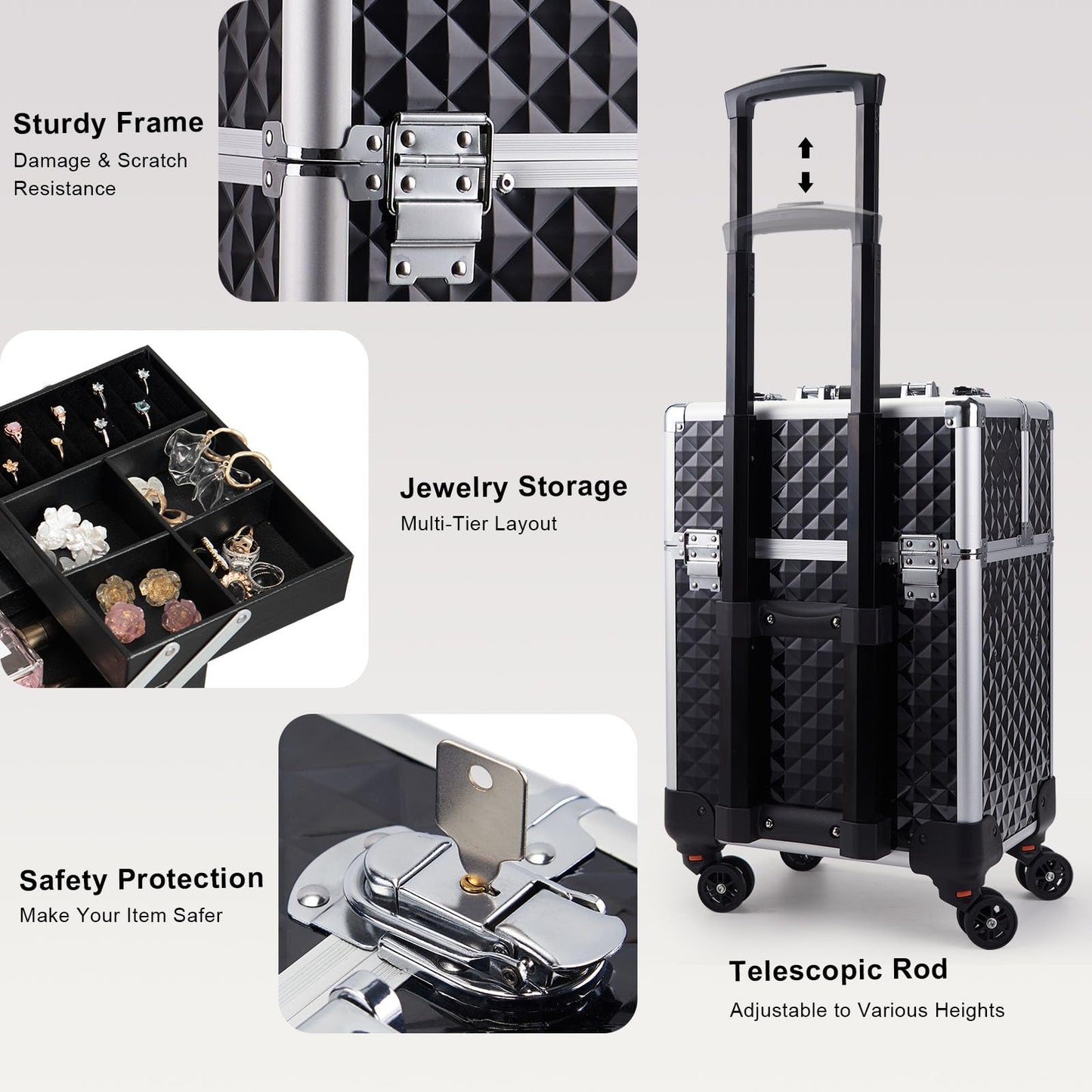 Stagiant Rolling Makeup Train Case Large Cosmetic Trolley 4 Tray with Sliding Rail Removable Layer with Key Swivel Wheels Salon Barber Storage Traveling Cart Trunk - Diamond Black