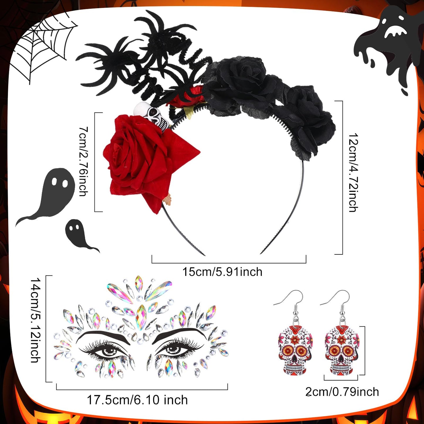 Riceshoot 3 Pcs Day of the Dead Costumes Accessories for Women Halloween Headbands Skull Earrings Gems(Spider Design)