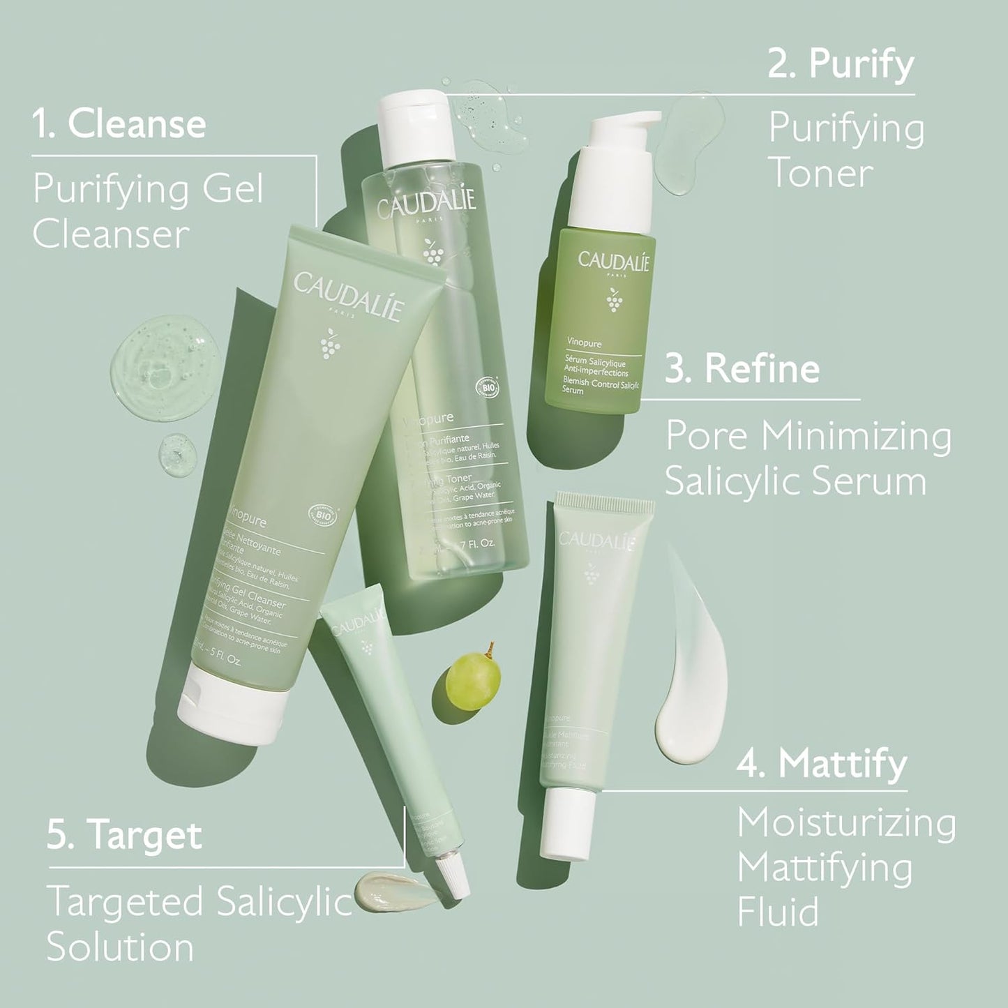 Caudalie Vinopure Salicylic Acid Cleanser - Pore Purifying Gel, 150 mL (Pack of 2)