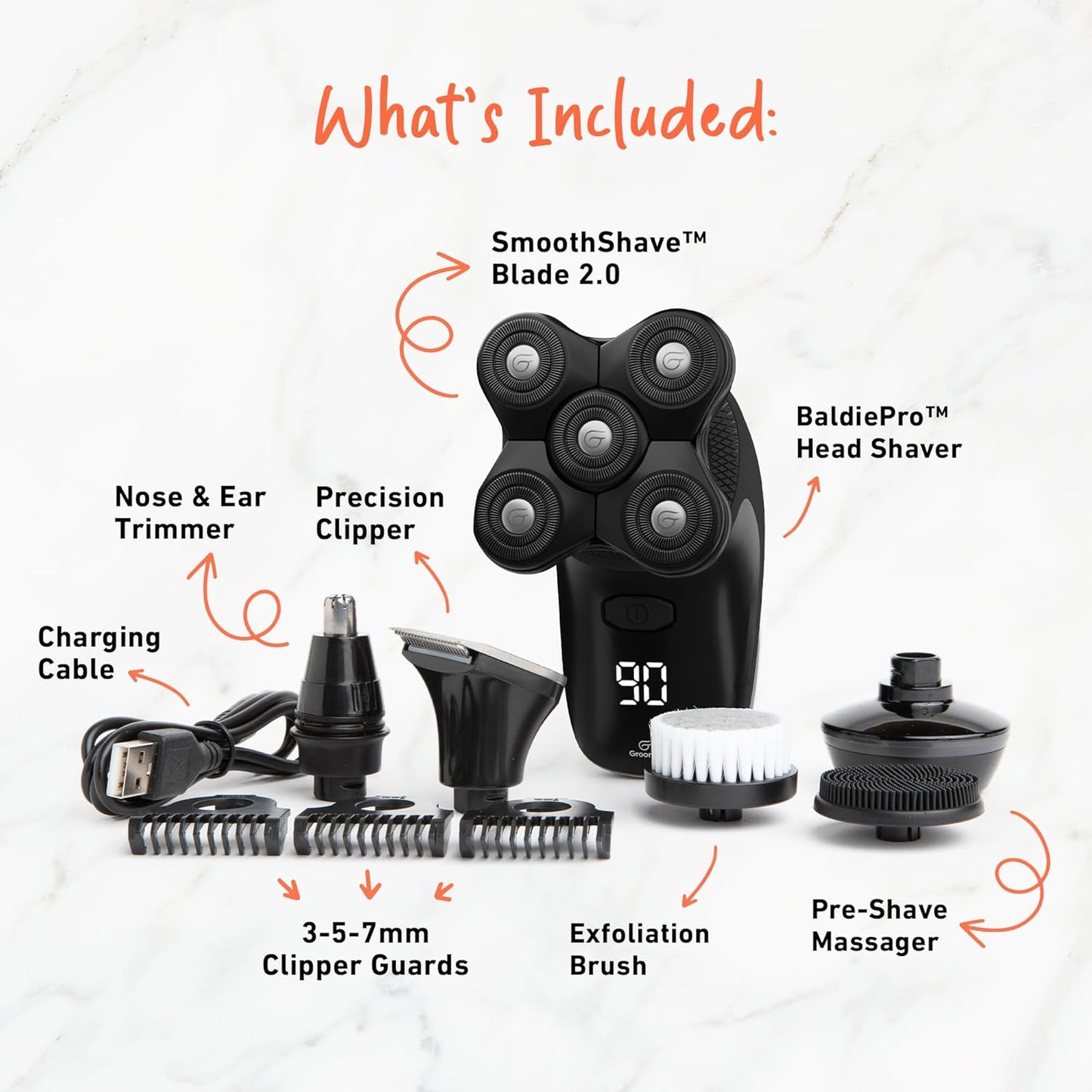 Groomie Cordless Bald Head Shaver - Ergonomic & Waterproof Grooming Kit for Men | Smooth Electric Shave