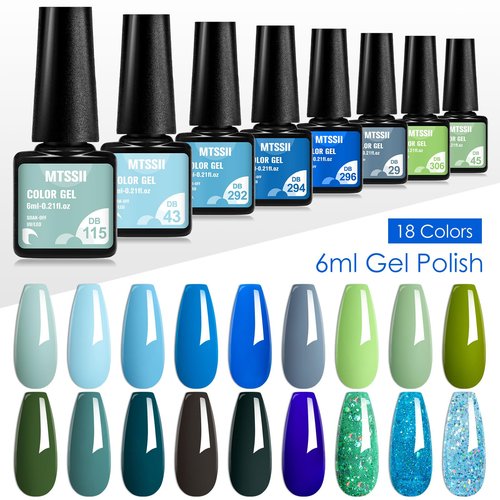 MTSSII 18 PCS Gel Nail Polish Set, Green Blue Gel Nail Polish Soak Off UV Polish For All Season Nail Art Salon Or Home Gift For Women