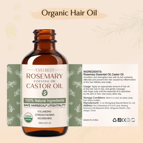 YANIBEST Organic Rosemary Essential Oil, Castor Oil, 100% Pure Natural Hair Oil for Strengthening Hair, Nourish and Repair Damaged Hair, Improve Scalp Health