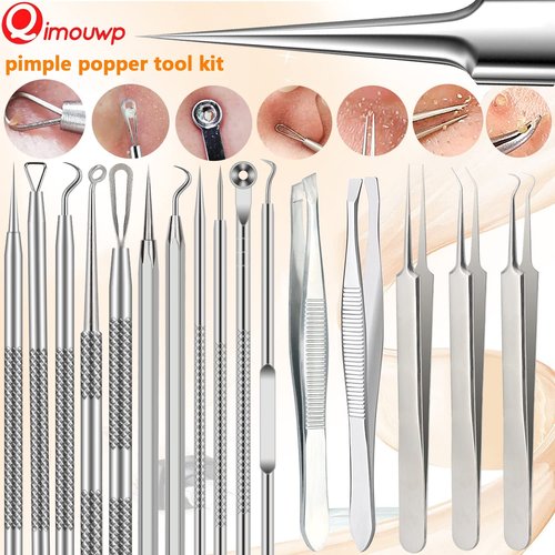 16 Pcs Pimple Popper Kit - Blackhead Remover & Acne Extractor Tool - Professional Stainless Steel Tweezers for Eyebrows, Pimples & Blemishes - Tools for Beauty Salons