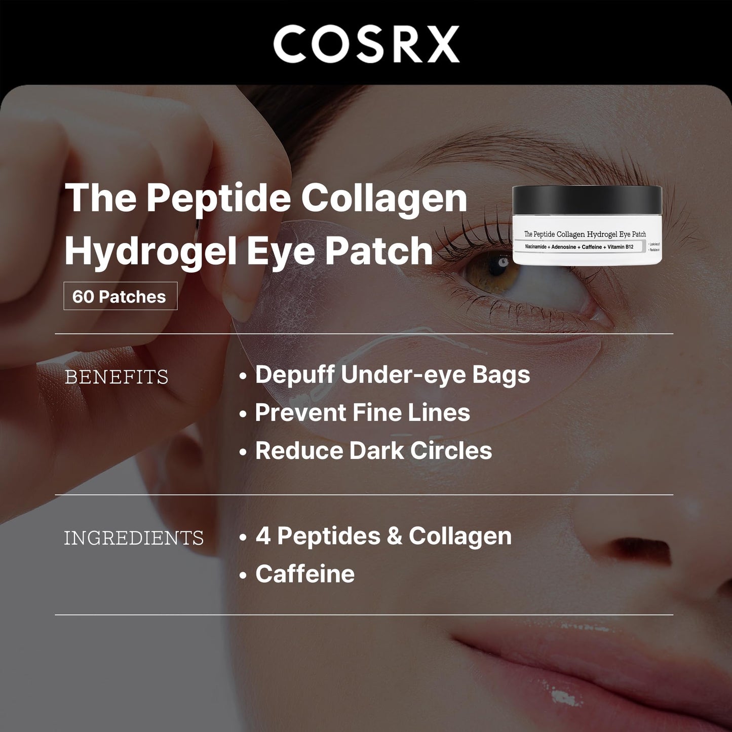 COSRX Under Eye Mask, Peptide Collagen Hydrogel Eye Patch for Puffy Eyes and Dark Circles, 60 Under Eye Patches, Korean Skin Care