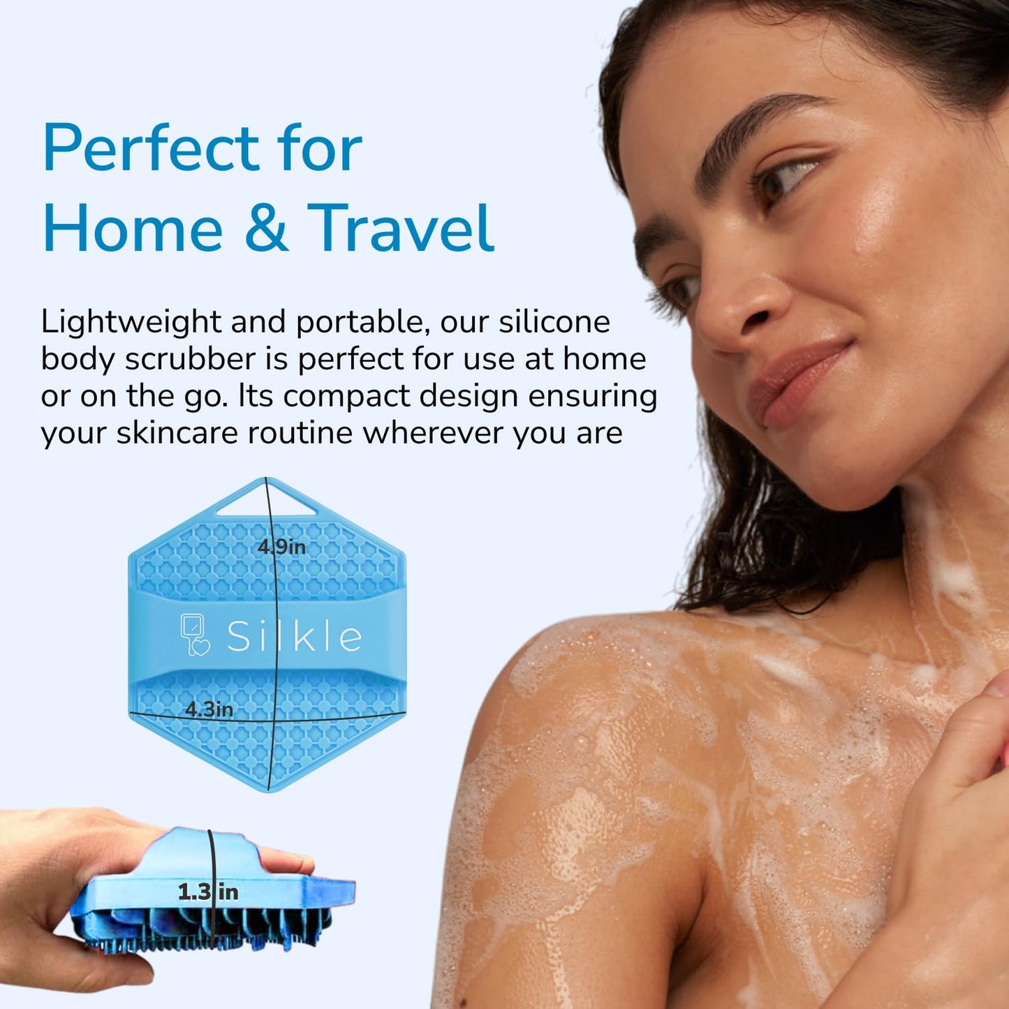 SILKLE Silicone Body Scrubber - Exfoliating Bath Brush and Skin Cleanser - Shower Sponge for Gentle Body Scrub and Wash - Silicone Scrubbing Care Tool for a Refreshed and Renewed You - Blue