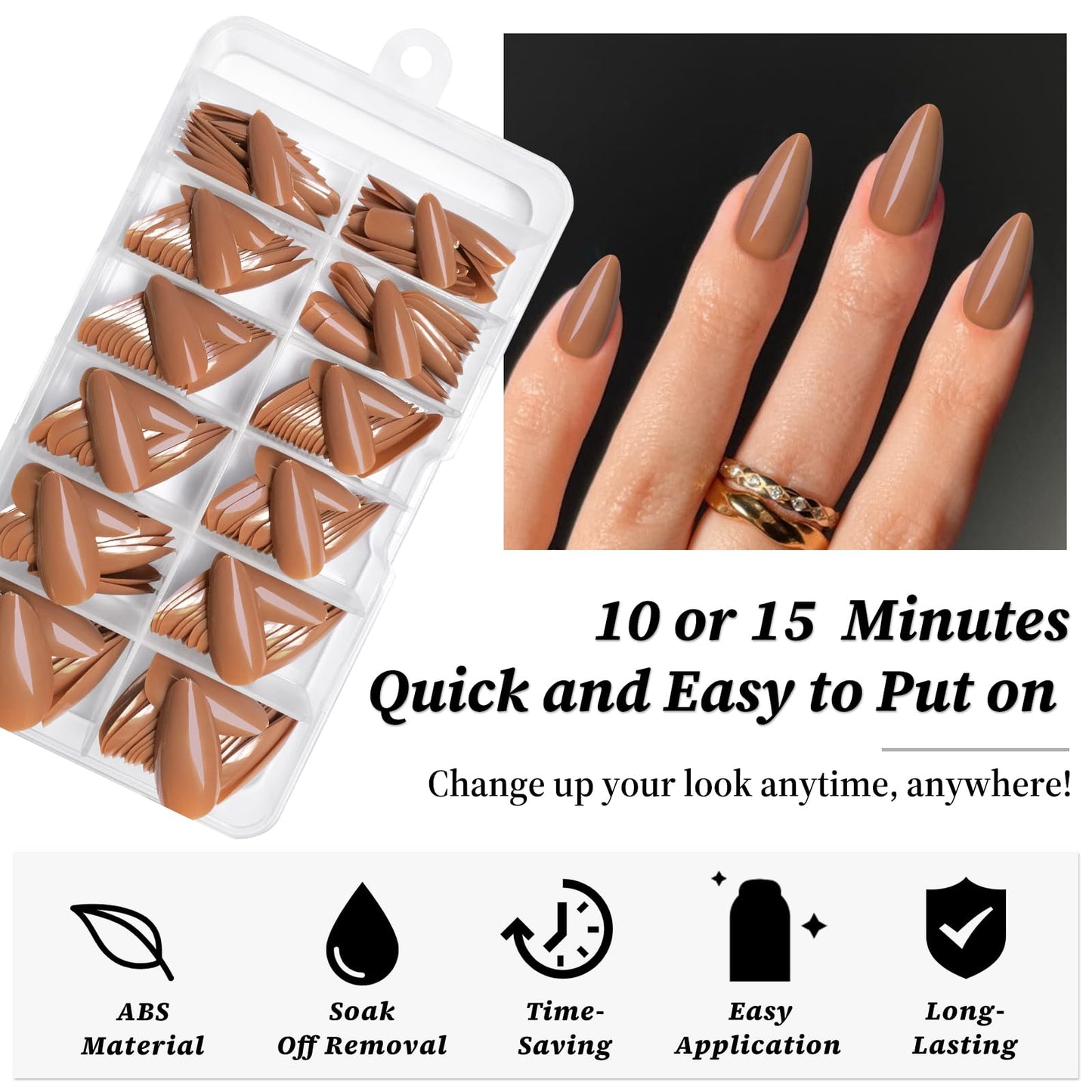 Lifextol 240PC Coffee Almond Press on Nails Medium Fake Nails Press ons, False Acrylic Nails Press on Nails Almond Glue on Nails Artificial Nail Tips Fingernails Stick on Nails with Glue&Adhesive Tabs