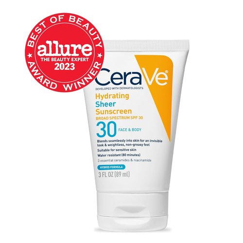 CeraVe Hydrating Sheer Sunscreen SPF 30 - Mineral & Chemical Formula with Zinc Oxide, 3 Ounces