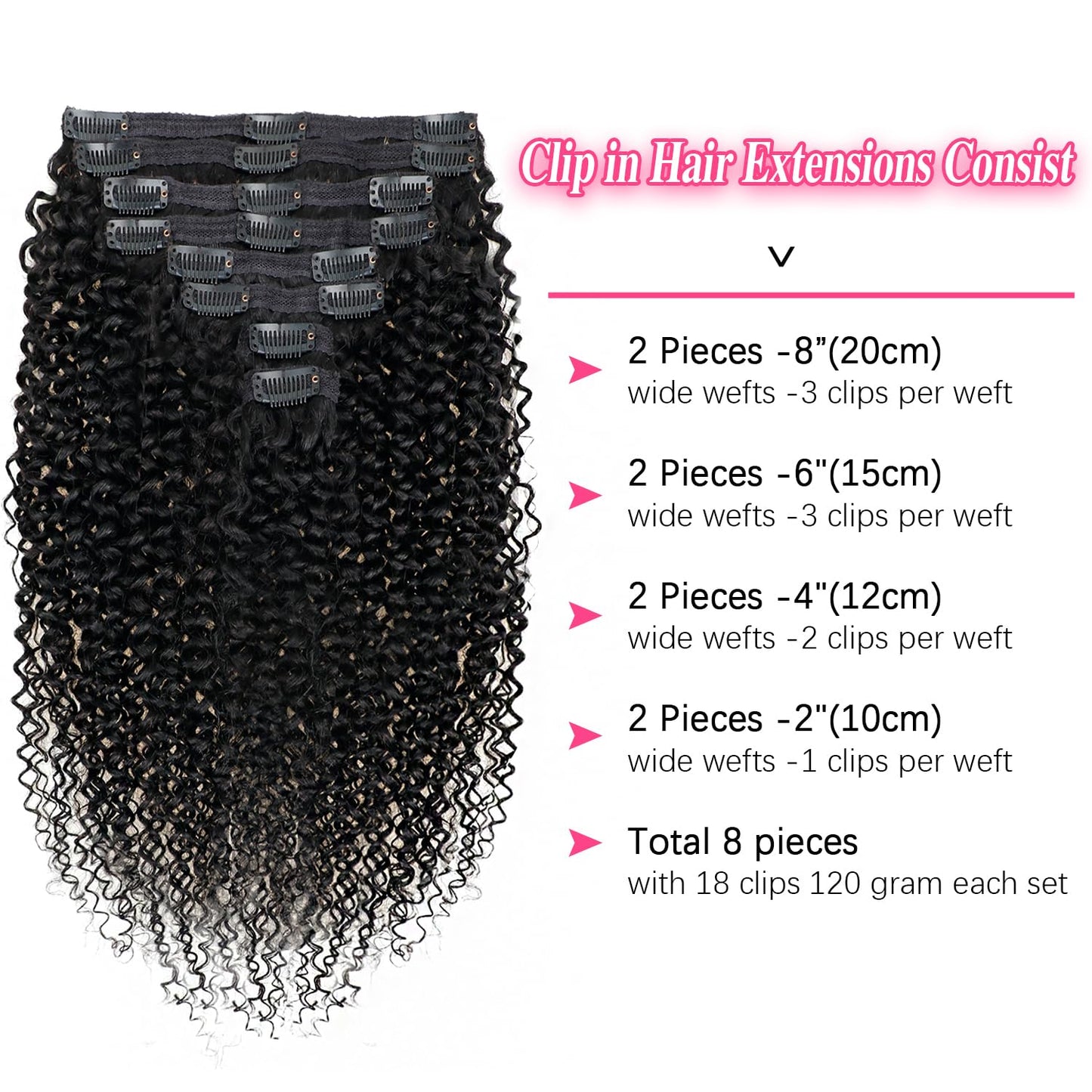 Mihugass Curly Clip in Extension Human Hair 3C 4A Kinky Curly Clip Ins Full Head for Women Brazilian Remy Human Hair Natural Color 8 Pcs with 18 Clips 120g/Set (12 inch)